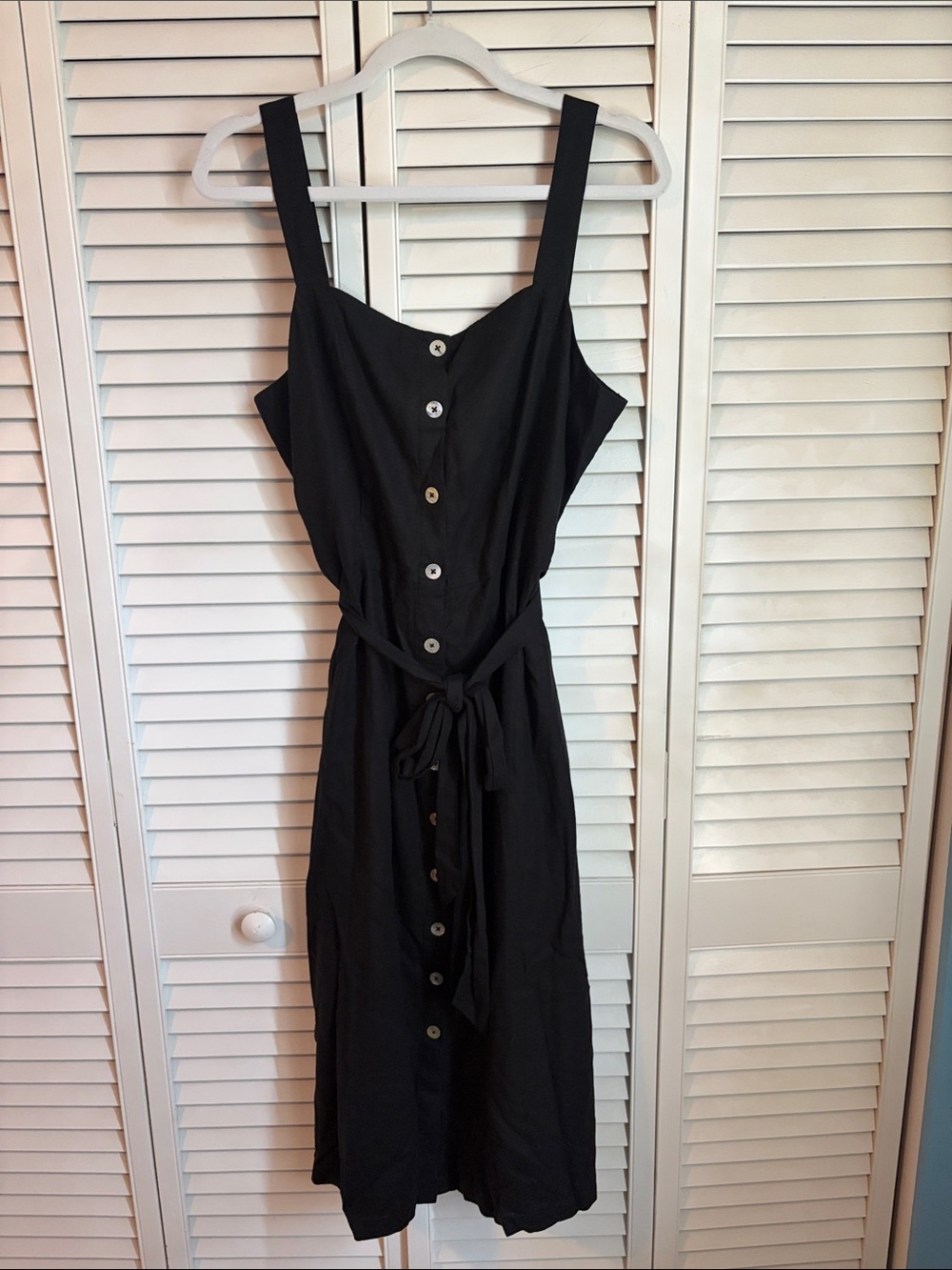 Rails Black Large Linen Blend Button Front Midi Tank Dress Tie Waist New
